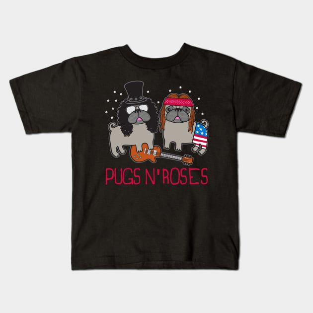 PUGS AND ROSES Kids T-Shirt by toddgoldmanart